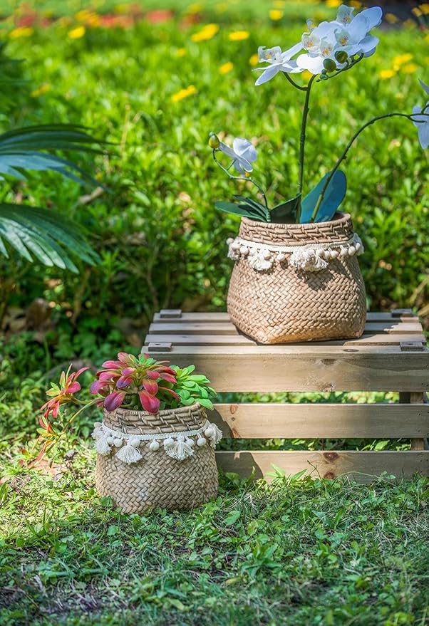 Set of 2 6.5x6.5x6 Brown Cement Planter with Woven Tassel Accent
