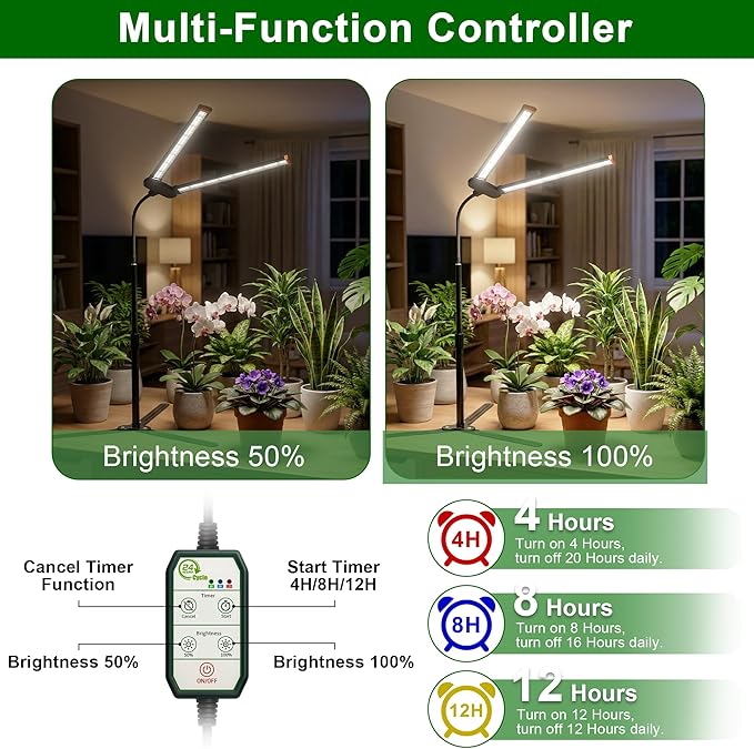 Grow Light for Indoor Plants6000K (100W Equiv) White Full Spectrum Growing Lamp with Base Stand for Home Office Desk top Pot Plants Growth Timer 4/8/12Hrs &amp Height Extendable 10-25''