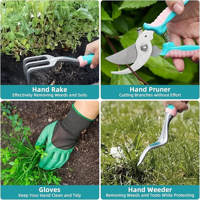 MelonArt Garden Tool Set8 Pcs Gardening Hand Tool Starter Kit for Women Heavy Duty Outdoor Tool Kit Aluminum Alloy with Non Slip Ergonomic Handle Ideal Gifts for Women and Men Green&ampPink