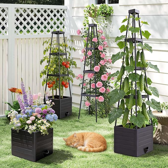 4 Pack Raised Garden Bed Planter Box with Trellis 57 Self-Watering Tomato Cage Planters for Climbing Plants Vegetable Vine Flowers Outdoor &amp Indoor (57x9.8x9.8IN)