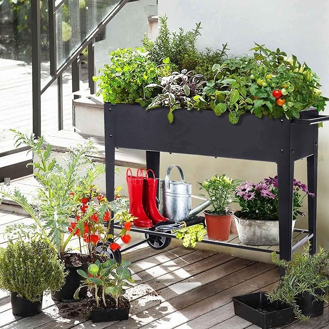 31.5 Tall Raised Garden Bed with Wheels Extra 15.7 W Planter Box (400 lbs Loads) with Storage Shelf &amp HandleHeavy Duty Metal Garden Planter for Vegetables Herbs &amp Flowers Patio &amp Bal