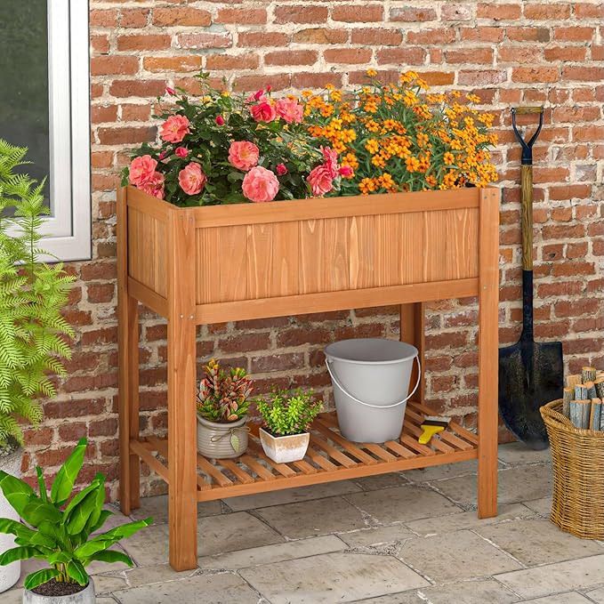 GRAFFY Raised Garden Bed with Shelf Raised Planter Box with Legs Wood Elevated Planter Box with Drain Holes Outdoor Planting Bed for Vegetable Flower Planting Container for Grass Lawn Patio