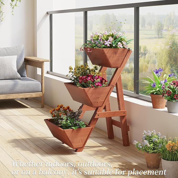 3-Tiers Wooden Raised Garden BedWood Planter Box for VegetableFlower RackFlower Pot StandsIndoor Outdoor Gardening Planting Beds (Brick red Small)