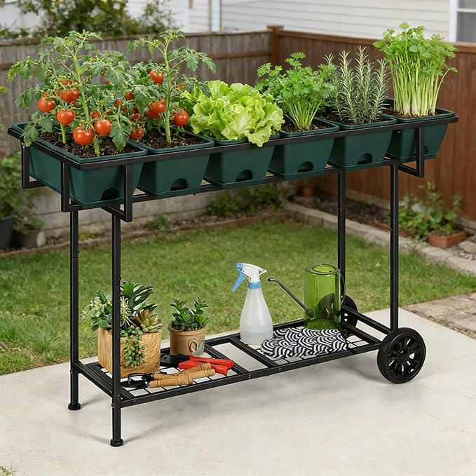 Vrisa Raised Garden Bed with Legs 43x17x29 in Plastic Elevated Planter Box Outdoor with Storage Shelf and Wheels Vegetables Herbs Flowers Standing Garden Beds for Backyard Patio Balcony Green