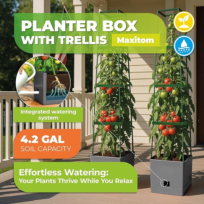 BioGreen 2 Pack Garden Tomato Planter MAXITOM with Plant Support Trellis 59 inch and Self Watering 42 Gal Planter Box for Climbing Vegetables Plants Gray