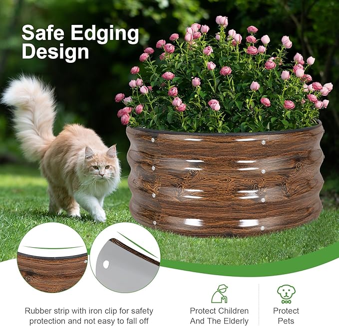 Galvanized Raised Garden Bed- 2Pcs Metal Planter Boxes Outdoor | 12 Tall 24 Round Steel Raised Bed Kit &amp Fire Pit Ring for Gardening with Protective Tape for Vegetables (Wood Grain)
