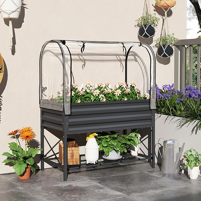 Outsunny Raised Garden Bed with Cover and Storage Shelf Rectangular Metal Elevated Planter Box with Legs and Bed Liner for Vegetables Flowers Herbs Dark Gray