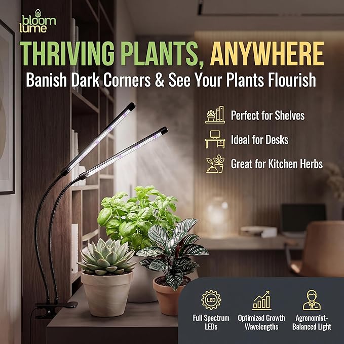 Bloom Lume LED Grow Lights for Indoor Plants Full Spectrum - Features Multi Mode Color Spectrums Dimmable Auto Timer Clip on Goosneck Plant Lamp