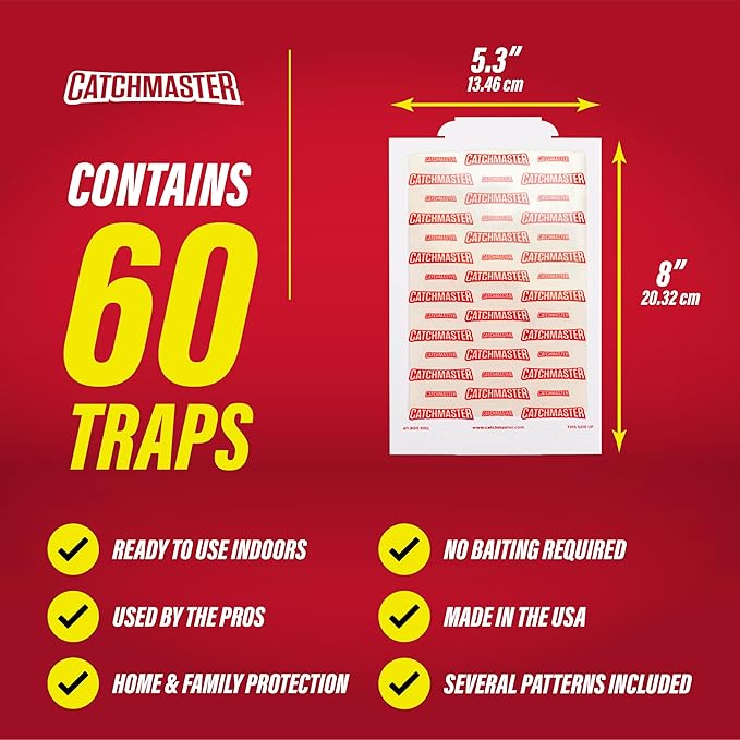 Catchmaster Extra Sticky Insect &amp Mouse Traps 60-Count 5.3x8 Glue Boards for Mice &amp Insects Ultra Sticky Rat &amp MouseTraps Indoor for Home Use in Garages Basements &amp Attics Pest C