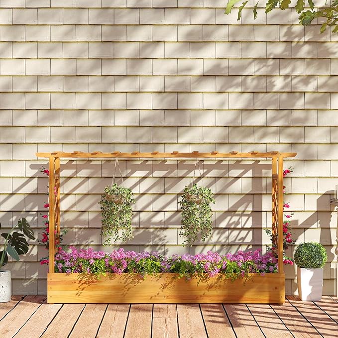 S AFSTAR Wooden Raised Garden Bed with Trellis 45 Elevated Planter Box with Hanging Roof &amp Open-Ended Base for Climbing Vine Flower Herb Vegetable Outdoor Plant Container for Patio &amp Yard