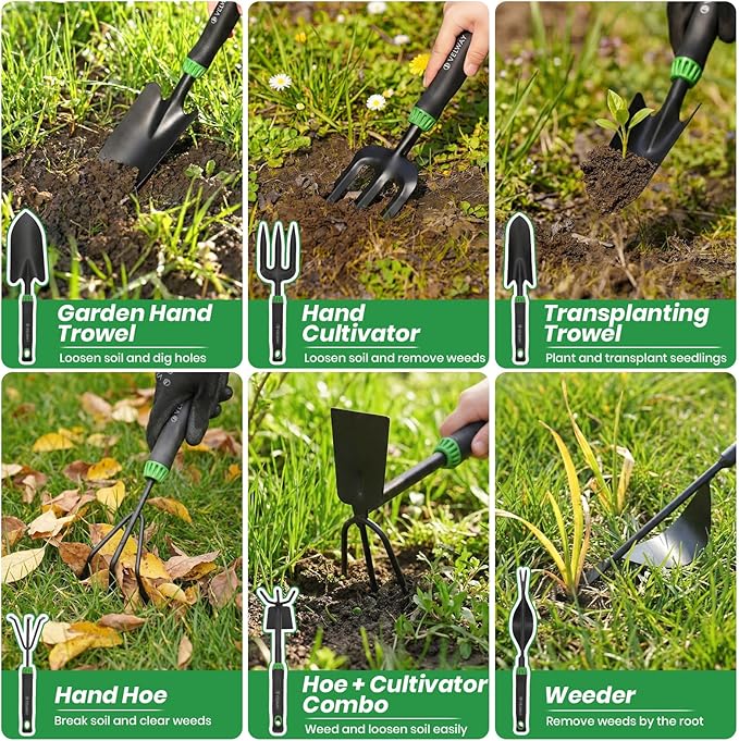 Velway Garden Tools Set -11-Piece Heavy Duty Hand Tool Kit with Ergonomic Handles Rust-Proof Carry Tote Bag – Gardening Gifts for Women &amp Men (Green)