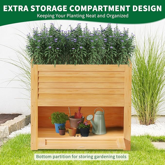 Raised Garden Bed with Extra Storage Compartments Outdoor 34 x 18 x 30 Wood Elevated Garden Box Wooden Planter Box for Herbs Vegetables Flowers Backyard Patio Balcony