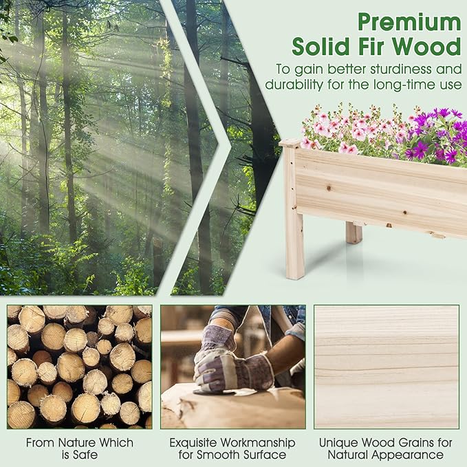 COSTWAY Raised Garden Bed Elevated Wooden Planter Box Stand for Vegetables Fruit Herbs Flower Standing Gardening Box for Backyard Patio Balcony Greenhouse