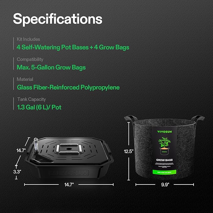 VIVOSUN 4-Pack FlexFeed Self-Watering Pots with Grow Bags Auto Irrigation Fabric Pot Base with Water Meter &amp Maintenance Window for Use Indoors/Outdoors in Grow Tents Greenhouses Gardens