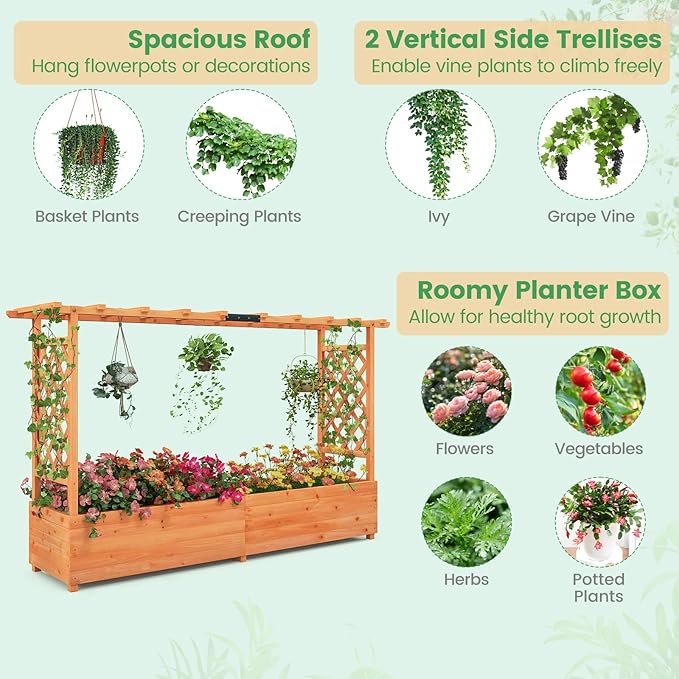 ORALNER Raised Garden Bed with Trellis Wooden Planter Box with Climbing Frame Outdoor Elevated Garden Box for Vegetables Herbs Flowers Fruits (Large)