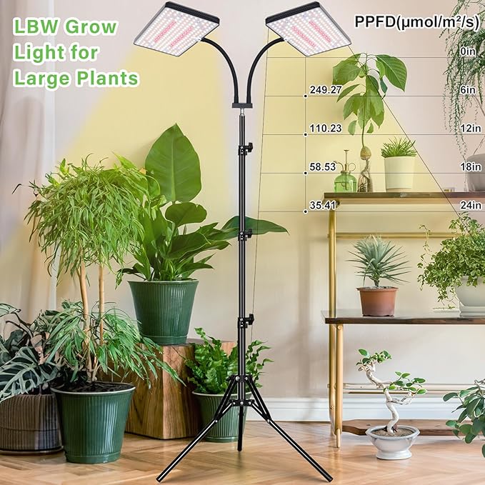 LBW Latest Grow Light for Indoor Plants 428 LED Dual-Head Full Spectrum Standing Plant Light Floor Grow Lamp with 3/6/12H Timer 6 Brightness Levels 3 Switch Modes 75 Adjustable Tripod Stand