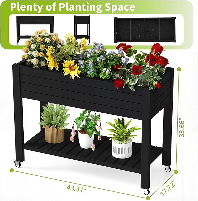 Raised Garden Bed with Legs 33.66 Tall Self-Watering Resin Planter Box with Lockable Wheels Drainage Plug and Gauge for Vegetables Flowers Storage Shelf for Tools and Accessories (Black)