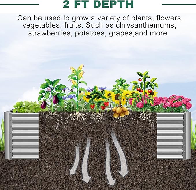 FRIZIONE 6x3x2ft Galvanized Metal Raised Garden Bed for Vegetables Outdoor Garden Raised Planter Box Backyard Patio Planter Raised Beds for Flowers Herbs Fruits