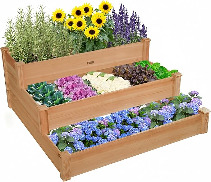 3-Tier Raised Garden Bed with Fabric Liner Wood Elevated Planter Box with Dovetail Joint Design 3 Dividable Bed Kit for Vegetables/Herbs/Flowers Outdoor Gardening for Patio Lawn Balcony