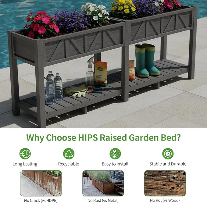 HIPS Elevated Raised Garden Bed with Legs72L x 17.3W x 28.7H Large Outdoor Planter Box with Storage RackAll-Weather Raised Bed Planters with 6 Hooks &amp 2 Non-Woven Liner for Vegetables Flower