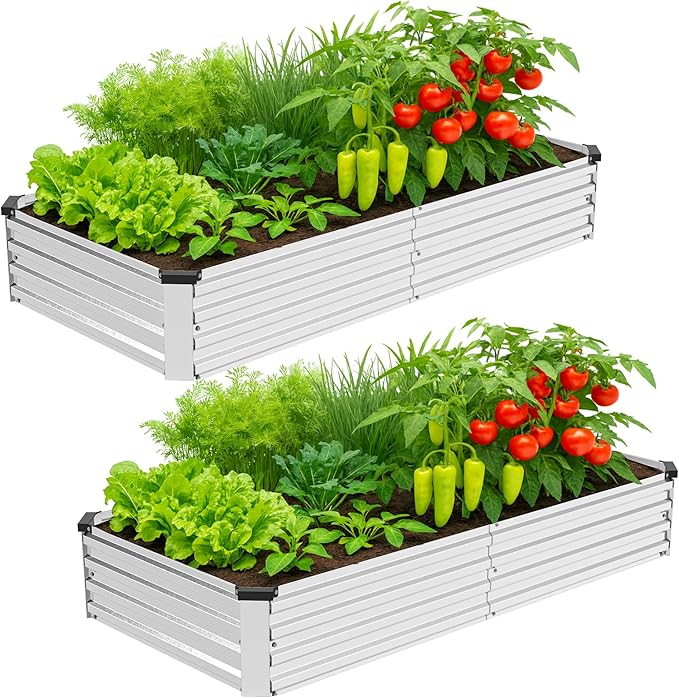 2 Pack 6x3x1FT Galvanized Metal Raised Garden Bed Kit for Vegetables Herbs Open-Bottom Large Capacity Outdoor Planter Box Gardening Stakes Silver