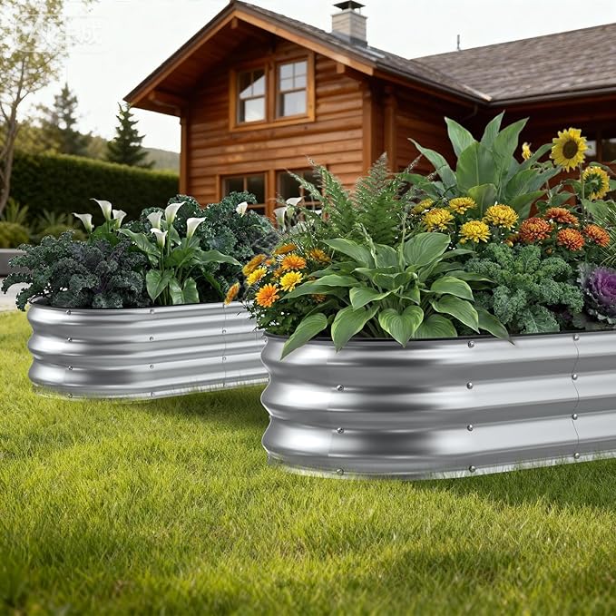 2 Pack 4x2x1FT Galvanized Raised Garden BedsRaised Garden Bed with Safety Edging and GlovesOval Metal Planter Box for Gardening Vegetables Flowers Herb-Silver
