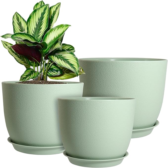 WOUSIWER Plant Pots 10/9/8 inch Set of 3 Modern Decorative Plastic Planters with Drainage Holes and Saucers for House Plants Indoor Flowers Plants Green