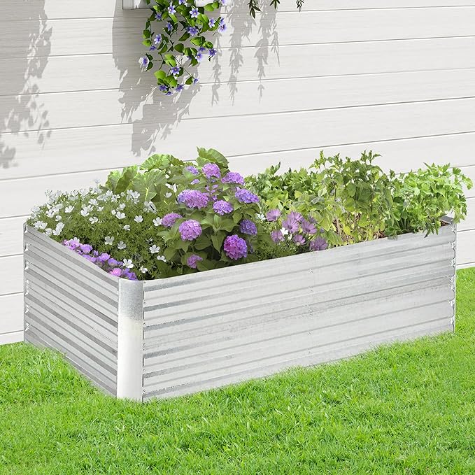 Galvanized Raised Garden Bed Kit with Reinforcing Bars Large and Tall Metal Planter Box for Vegetables Flowers and Herbs 6' x 3' x 2' Silver