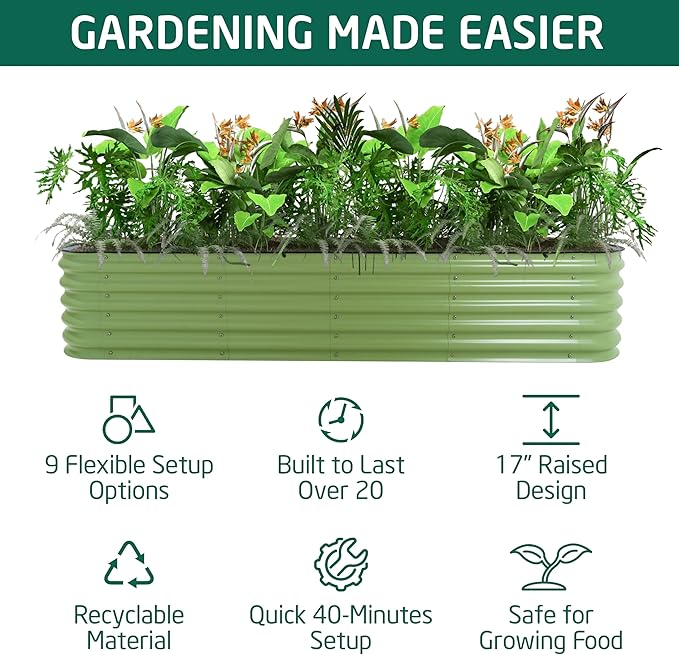 VASGOR 17 Tall Metal Raised Garden Bed 9-in-1 Modular Design 8ft x 2ft Aluzinc Planter Box for Vegetables Herbs &amp Flowers Heavy-Duty Anti-Rust Open-Bottom Raised Beds for Gardening (Olive Gre
