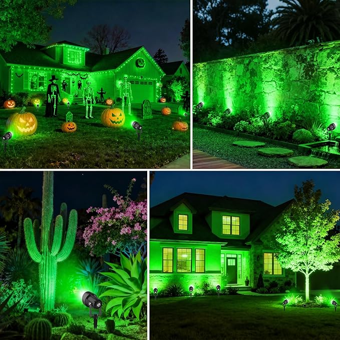 Green Spotlights Outdoor 14 LED Landscape Lighting with US Plug IP65 Waterproof Spot Lights for Tree Yard Garden Pathway Halloween Christmas St. Patrick's Day Decor 4 Pack