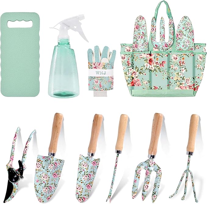 10-Piece Floral Garden Tools Set with Tote Bag Heavy Duty Gardening Kit with Pruning Shears Trowels Rake Sprayer Kneeling Pad &amp Gloves - Gift for Women Gardener Mother's Day