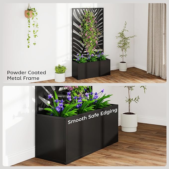 Outsunny Metal Raised Garden Bed with Trellis for Climbing Plants Freestanding or Wall Mounted Flower Bed with Privacy Panel Large Leaf Cut-Out Outdoor Planter Box for Garden Patio Balcony