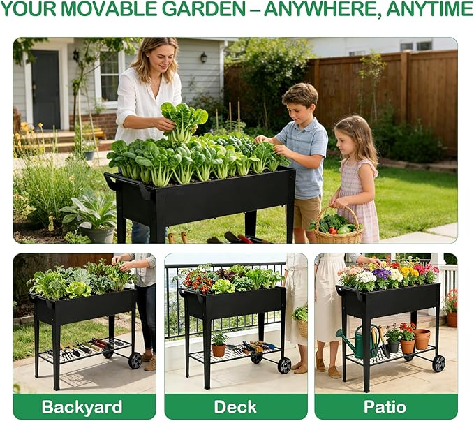 2-Pack 32”Height Elevated Raised Garden Bed with Wheels &amp Storage Shelf 400 Lbs Capacity Anti-Rust Space-Saving Planter for Vegetables Herbs Patio Balcony Backyard