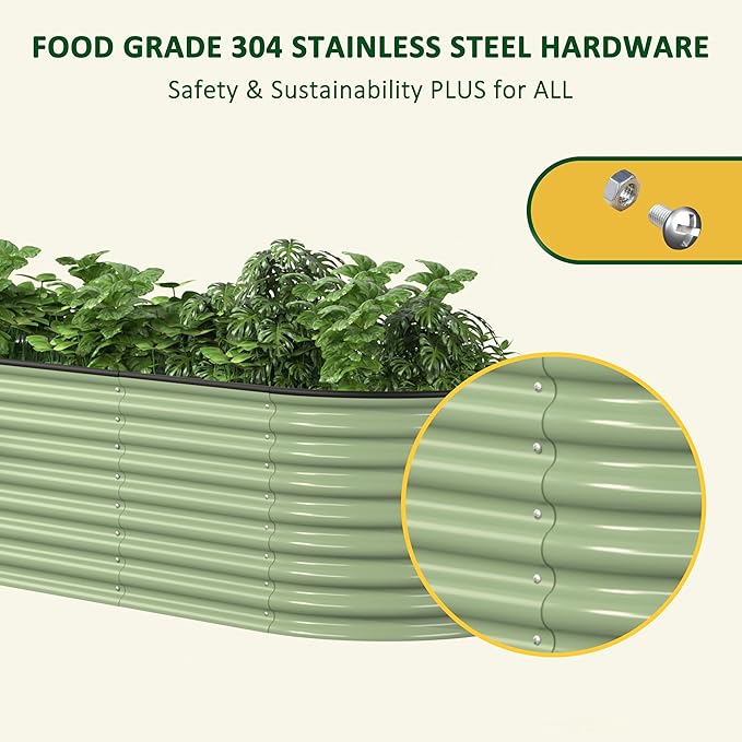 MUPATER 8x2x2ft Galvanized Raised Garden Bed 9-in-1 Modular Metal Planter Box with Aluminum Support Rods Oval Outdoor Planter for Vegetables Flowers Backyard Patio Olive Green
