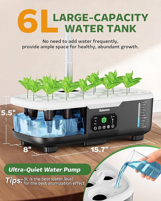Misting Hydroponic Growing System Kit 15-Pods Indoor Smart Herb Garden Planter with LCD Touch Panel 6L Large Tank for Herb/Vegetables/Flowers/FruitsGardening Gifts for Women Men Beginners-Black