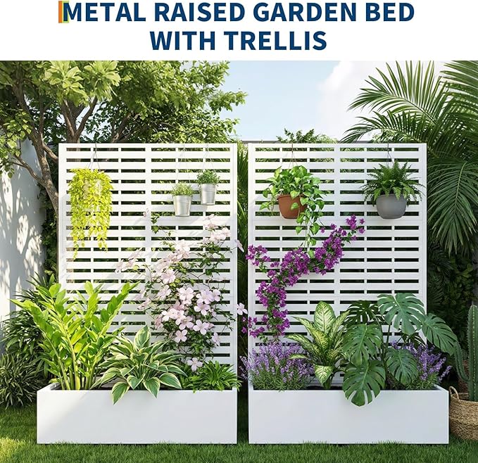 Metal Raised Garden Bed with Trellis 70.1X45X15 Galvanized Metal Planter Box with Drainage Holes Outdoor Privacy Screen Planter Box for Climbing Plants Vegetables Flowers Vines Patio Balcony