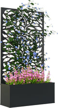 Outsunny Metal Raised Garden Bed with Trellis for Climbing Plants Freestanding or Wall Mounted Flower Bed with Privacy Panel Leaves Cut-Outs Outdoor Planter Box for Garden Patio Balcony