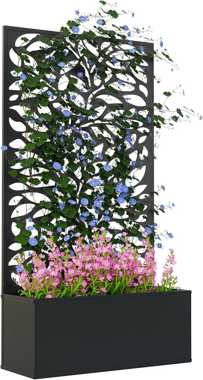 Outsunny Metal Raised Garden Bed with Trellis for Climbing Plants Freestanding or Wall Mounted Flower Bed with Privacy Panel Leaves Cut-Outs Outdoor Planter Box for Garden Patio Balcony