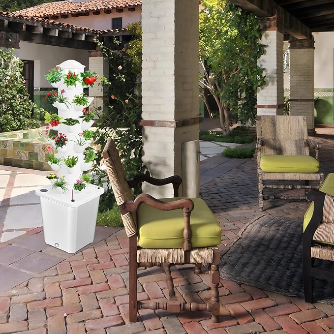 6-Layer 30-Hole Hydroponic Tower – 10L Water Tank Soil-Less Vertical Garden System – Space-Saving Indoor/Outdoor Hydroponics Growing Tower for Vegetables Fruits &amp Herbs White US Plug