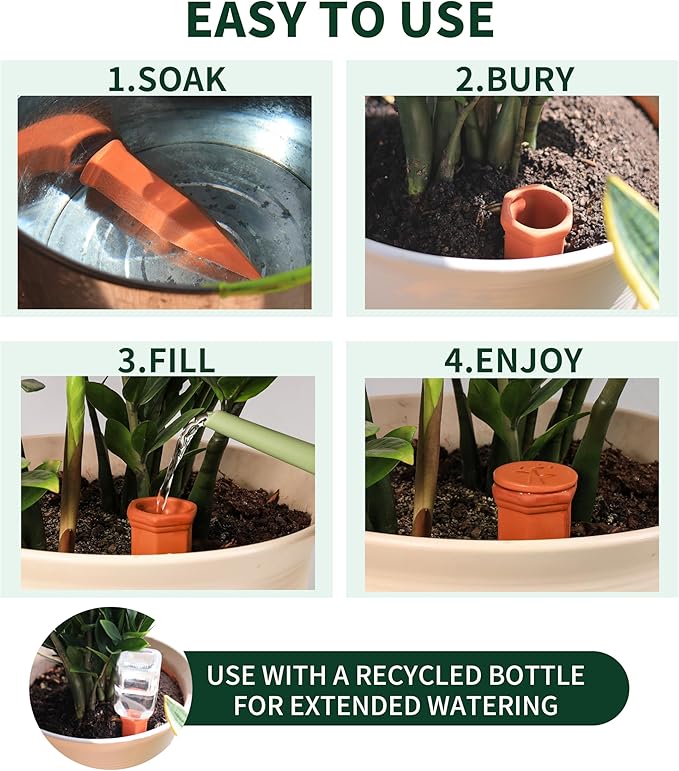 Large Terracotta Watering Spikes with Lids Automatic Plant Waterer Outdoor | Indoor Vacation Friendly Clay Plant Watering Devices System Slow Release Self Watering Planter Insert 4 Pack