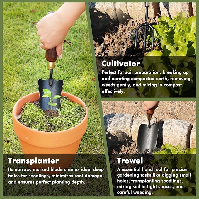 RESTMO 3-in-1 Heavy Duty Gardening Tools Kit Premium Carbon Steel Garden Hand Tools with Ergonomic Wooden Handle Includes Trowel Transplanter and Cultivator Ideal Gardening Gifts for Gardener