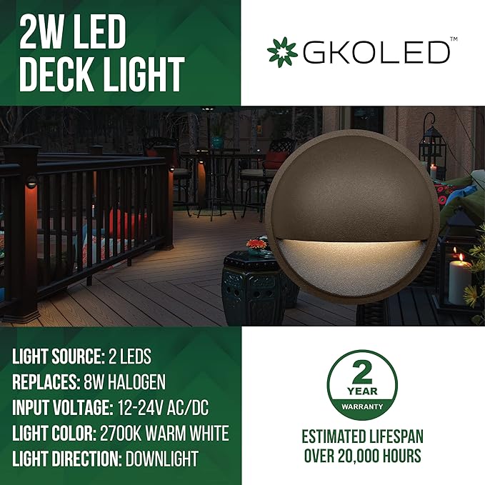 GKOLED 6Pack Brown Low Voltage LED Round Deck Light with 2Pack Brown Low Voltage 6W Mini Size Landscape Spot Light