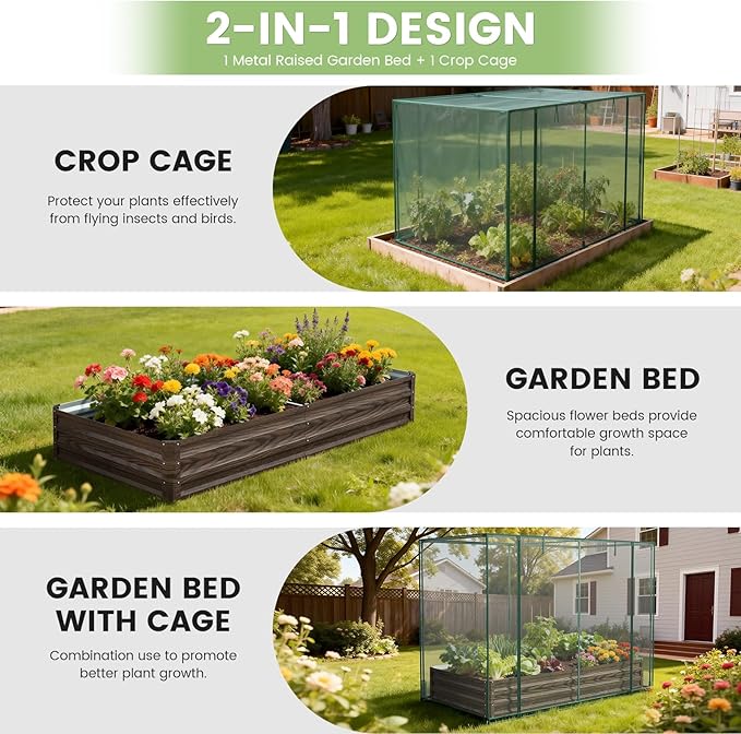 DoCred Crop Cage with Raised Garden Bed 84.6 x 45.3 x 59 Plant Protection Tent Garden Cages with Window 2 in 1 Galvanized Raised Garden Bed Kit and Mesh Cover for Garden Yard Lawn