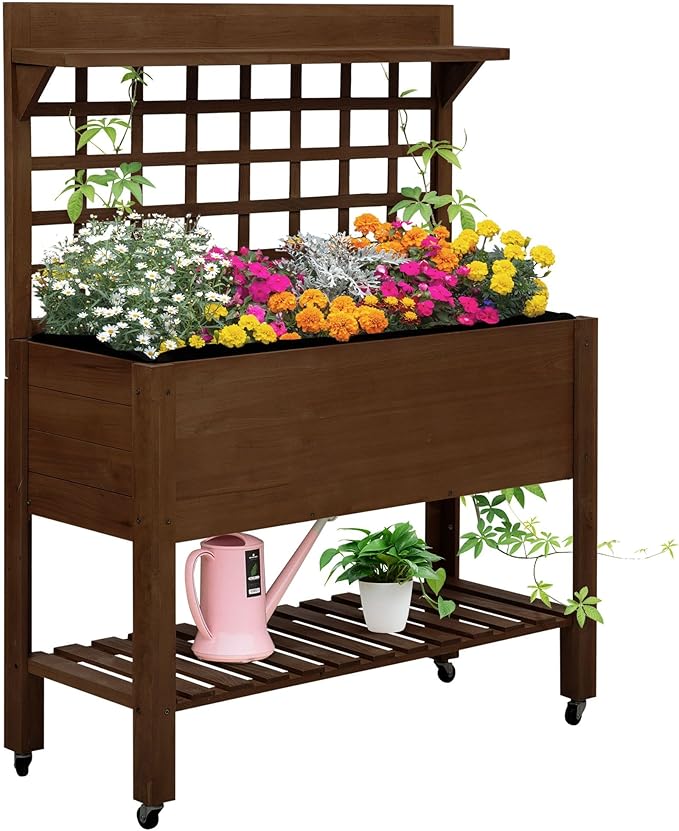 3.5ftx2.5ft Robust Premium Heavy-Duty Eco-Friendly Durable Natural Wooden Raised Garden Bed with Wheels Trellis Storage Shelf Dark Brown