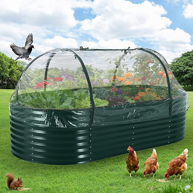 Galvanized Raised Garden Bed Steel Planter Boxes with Cover Zippered Screen Doors Open Base for Vegetables Flowers Easy Assembly