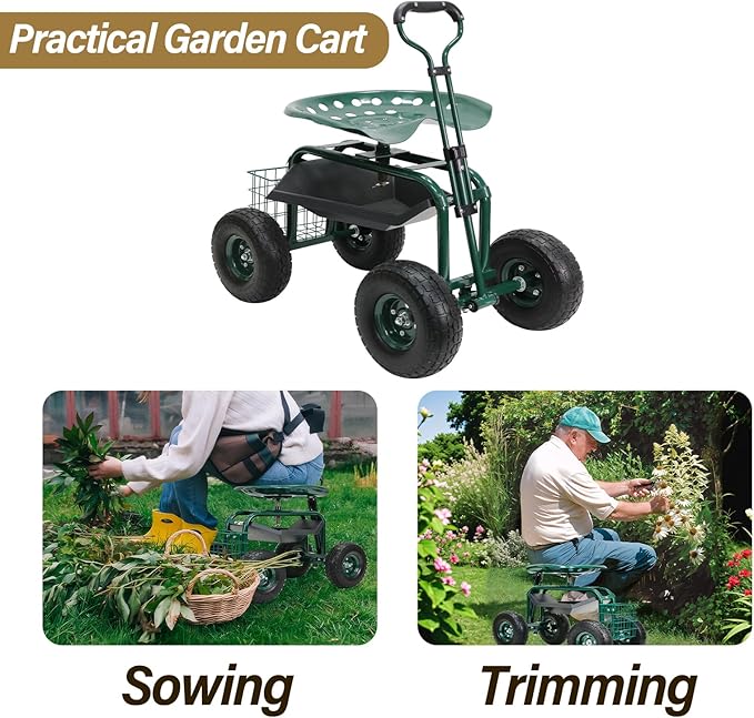 BDL Garden Cart Outdoor Rolling Garden Workseat with Wheels Heavy Duty Garden Tool Cart with Extendable Handle and Storage for Seniors Yard Gardening Work