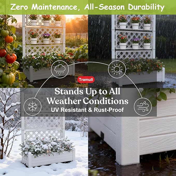 5.3' Tall Raised Garden Bed with Trellis Self Watering Planter Box for Outdoor Climbing Plants Resin Garden Lattice for Vegetables Flowers Tomato &amp Vine with Drainage Holes (Ashen 1 PC)