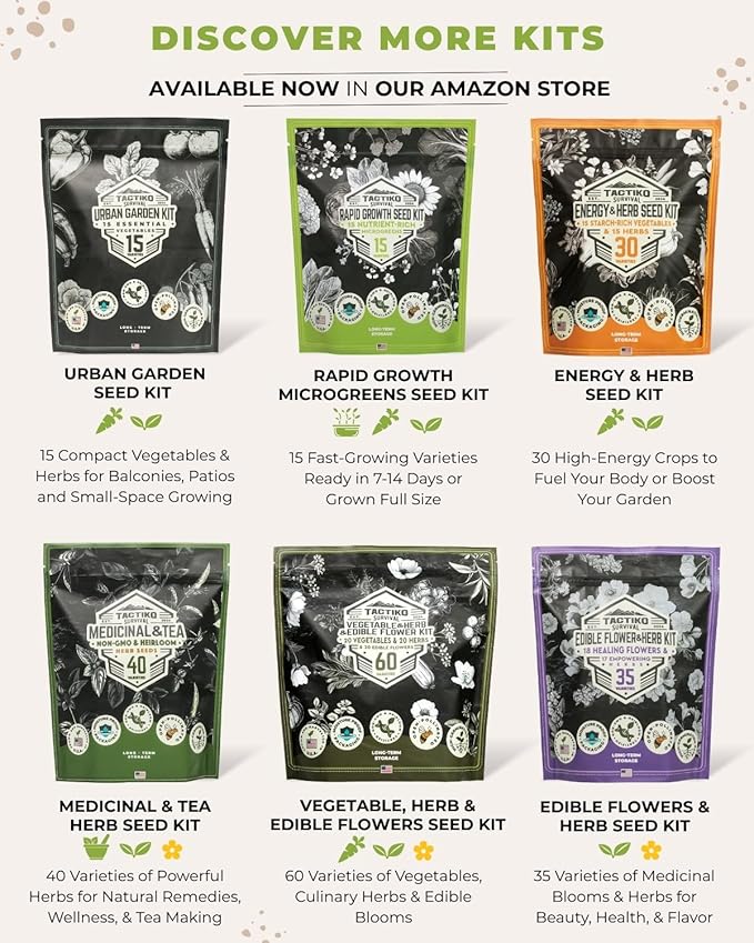 50 Tactiko Survival Vegetable Herb &amp Fruit Seed Kit - U.S.A. Harvested Varieties - Over 35000 Non-GMO Heirloom Seeds - Emergency Seed Vault in Waterproof Mylar Bag - Long-Term Storage