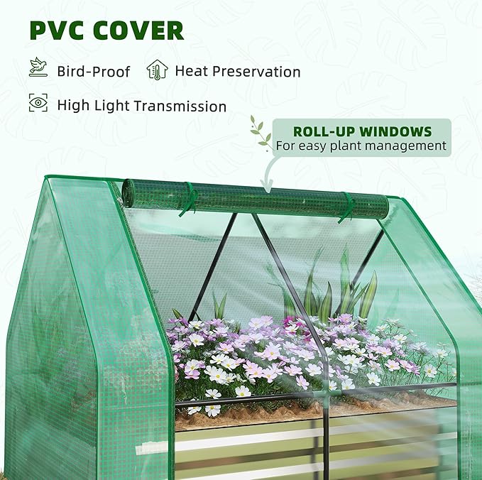 Outsunny 4 x 3 x 3ft Raised Garden Bed with Mini Greenhouse Galvanized Raised Garden Bed with Cover for Herbs and Vegetables Small Greenhouse for Patio Garden Balcony Green