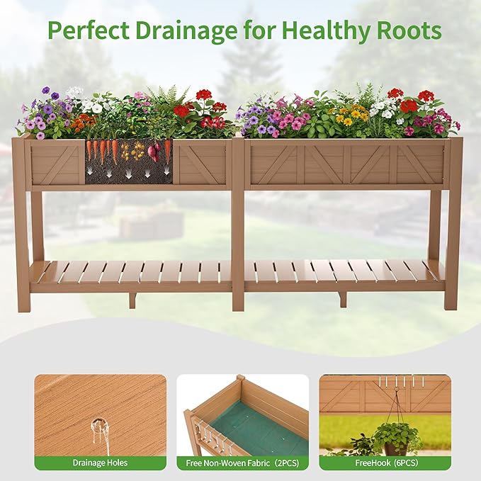 HIPS Elevated Raised Garden Bed with Legs72L x 17.3W x 28.7H Large Outdoor Planter Box with Storage RackAll-Weather Raised Bed Planters with 6 Hooks &amp 2 Non-Woven Liner for Vegetables Flower
